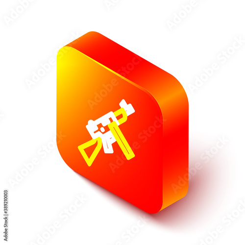Isometric line Thompson tommy submachine gun icon isolated on white background. American submachine gun. Orange square button. Vector.