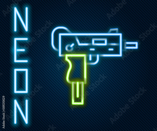 Glowing neon line UZI submachine gun icon isolated on black background. Automatic weapon. Colorful outline concept. Vector.