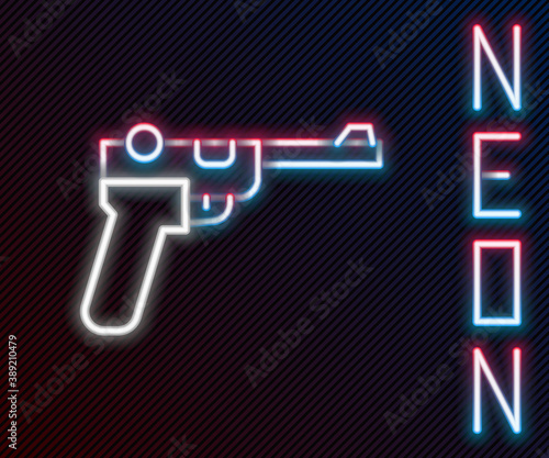 Glowing neon line Mauser gun icon isolated on black background. Mauser C96 is a semi-automatic pistol. Colorful outline concept. Vector.