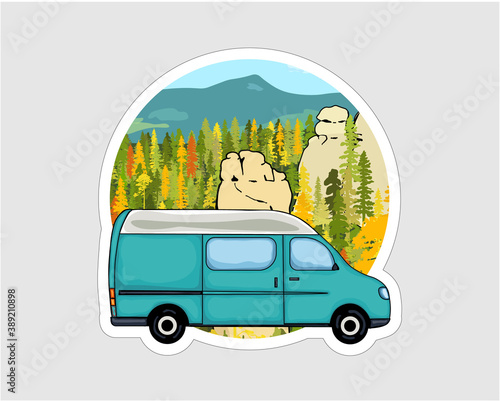 Van life sticker. Sandstone rock formation, forest and the mountains in the background. Colorful Illustration. 