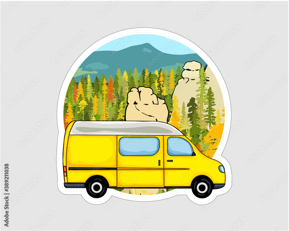 Van with sandstone formation and forest in the background. Van life badge, illustration. 