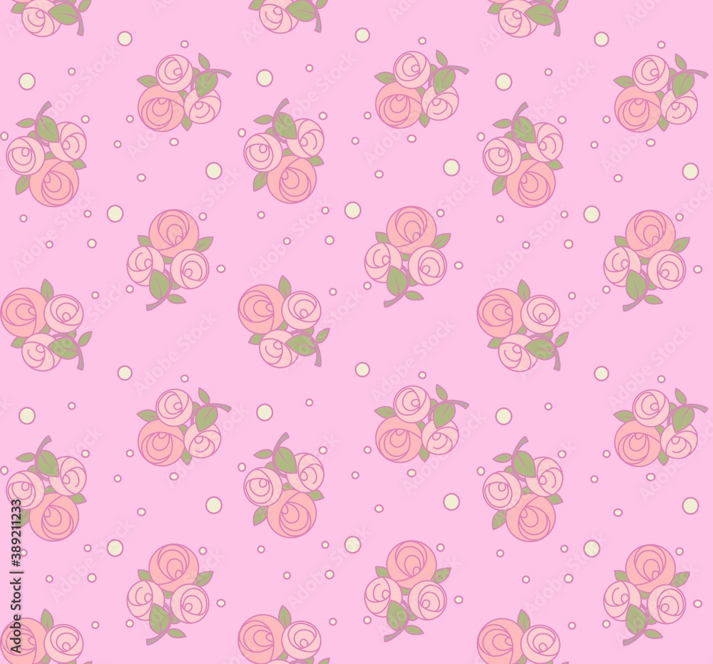 Seamless pattern from roses with pink outline on a pink background