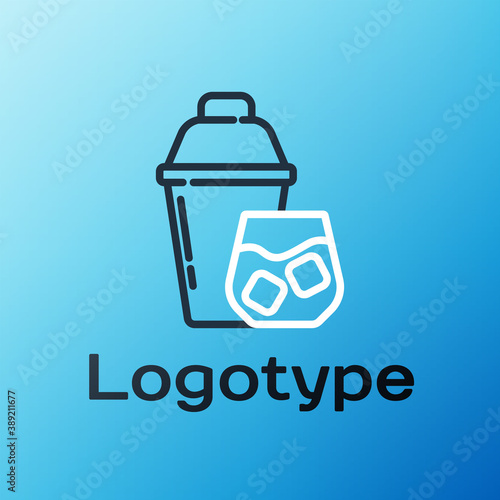 Line Cocktail shaker with cocktail glass icon isolated on blue background. Colorful outline concept. Vector.