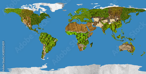 Climate map of the world is composed of various textures. Climatic zones are marked as sand, stones, moss, grass, ice. Deserts, mountains, forests, savannas, steppes are marked by natural textures.