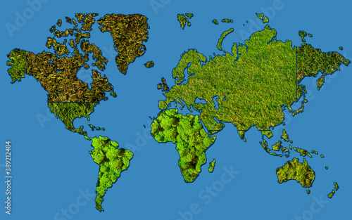 World map with textures of green moss and grass. Atlas of the world on a blue background. Borders of continents and countries from natural moss.