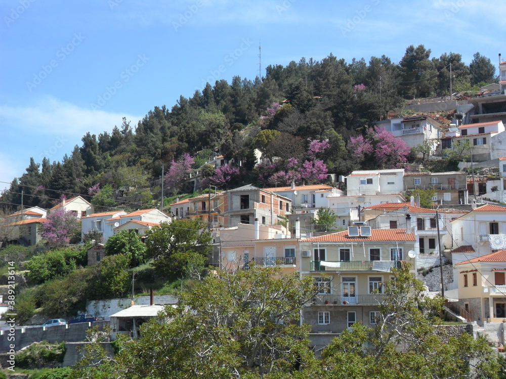 Obraz premium The colorful and beautiful landscapes of the mountains and valleys on the greek island of Samos in the Aegean Sea, Greece