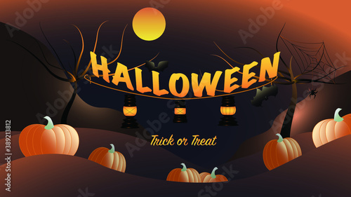 Halloween, trick or treat card of haunted hills and trees with lanterns and pumpkins. A closer look to the pumpkins and to the moon.