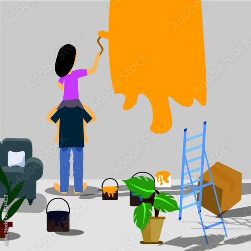 young couples Painting Wall Making Renovation at home. Family spending time together at the time of quarantine, pandemic of coronavirus orholiday or festival season.