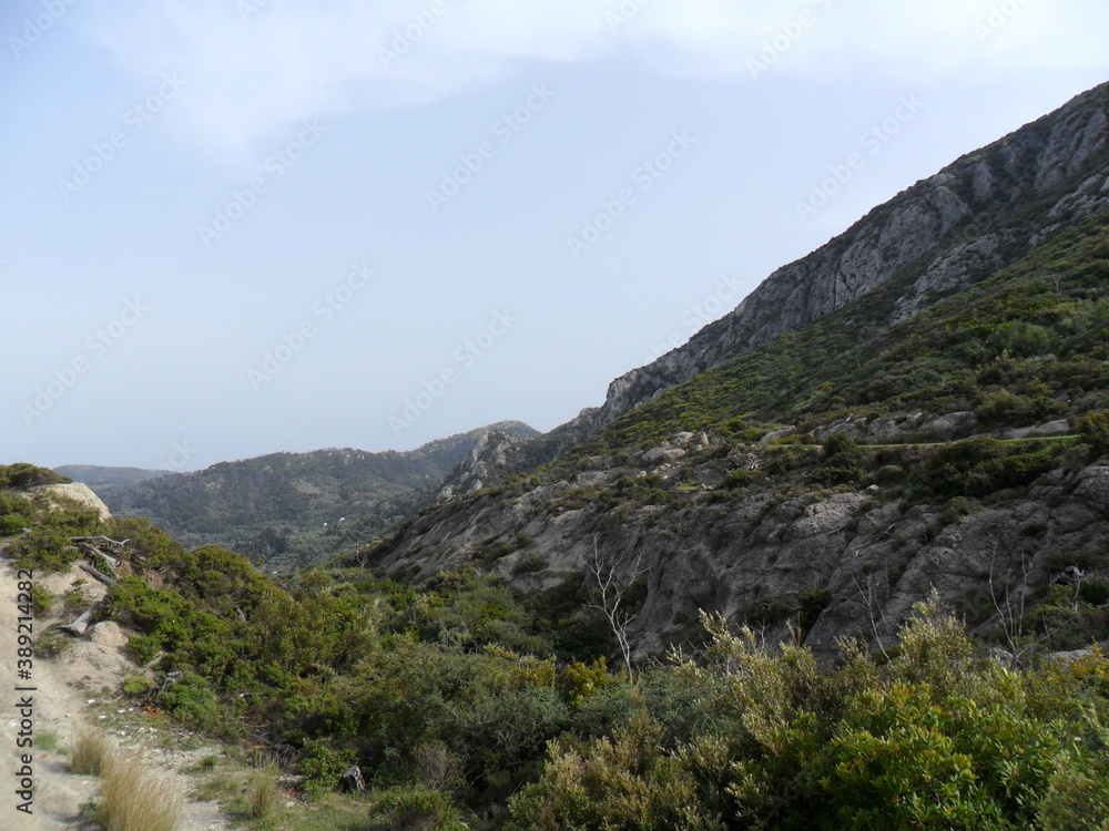 The colorful and beautiful landscapes of the mountains and valleys on the greek island of Samos in the Aegean Sea, Greece