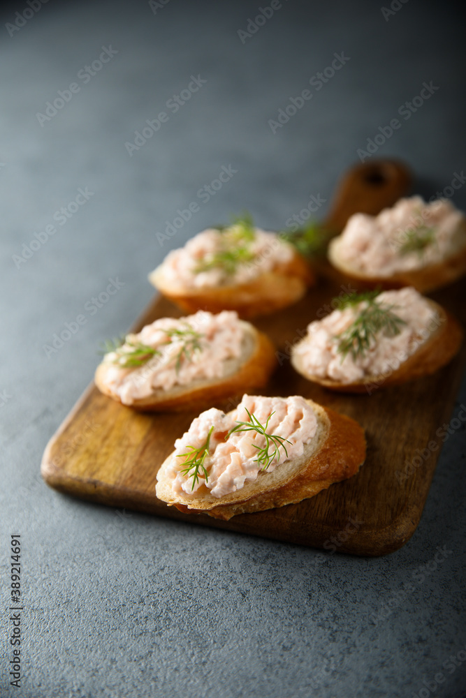 Homemade shrimp or salmon pate on toast