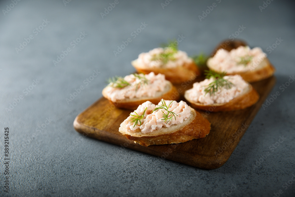 Homemade shrimp or salmon pate on toast Homemade shrimp or salmon pate on toast