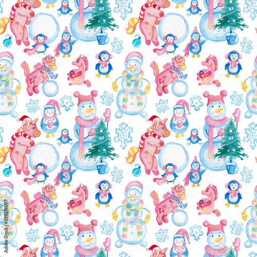 Watercolor cute christmas illustrations by hand. Seamless pattern Christmas tree, snowman, penguin, gifts, unicorns, snowflakes