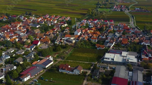 Aerial view of vineyards, houses around the village Burrweiler and Frankweiler in the Pfalz in Germany. On a sunny day in Autumn, fall. photo