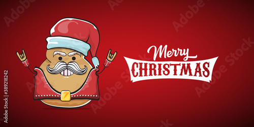 vector rock star santa potato funny cartoon cute character with with red santa hat and calligraphic merry christmas text isolated on red horizontal background. rock n roll christmas party banner