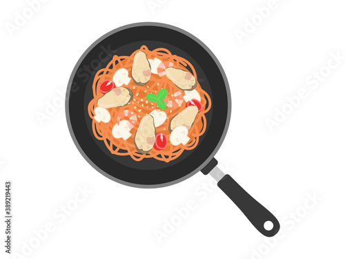 フライパンで調理する牡蠣のパスタのイラスト