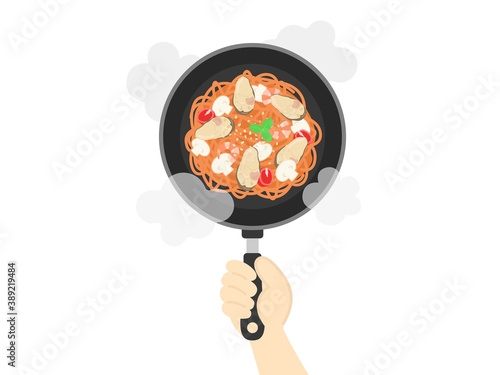 フライパンで調理する牡蠣のパスタのイラスト