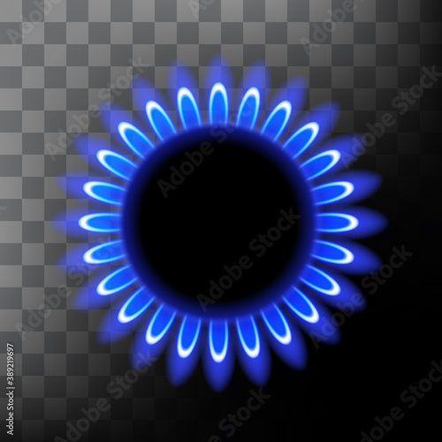 Gas burner and blue flame, stove, natural fuel. Vector illustration.