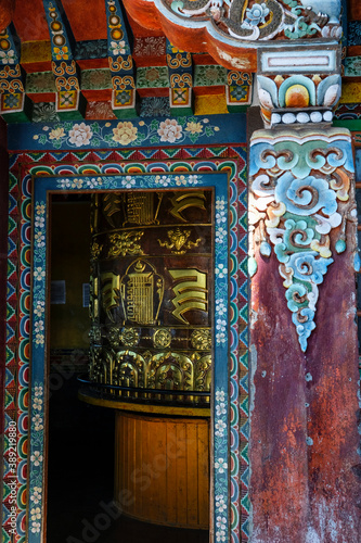 Pelling, India - October 2020: Prayer wheel in Pemayangtse Monastery on October 30, 2020 in Pelling, Sikkim, India.