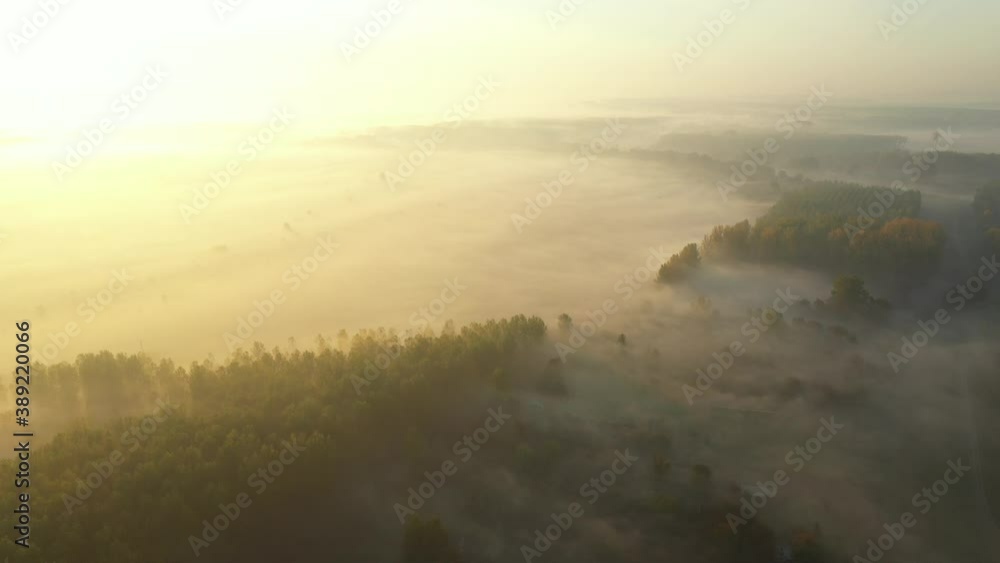 Camera is flying over in backwards, aerial view of slowly floating vapor, steam over landscape vegetation, autumn at dawn time, sunrise. Camera is flying over in backwards, aerial view of slowly floating vapor, steam over landscape vegetation, autumn at dawn time, sunrise.