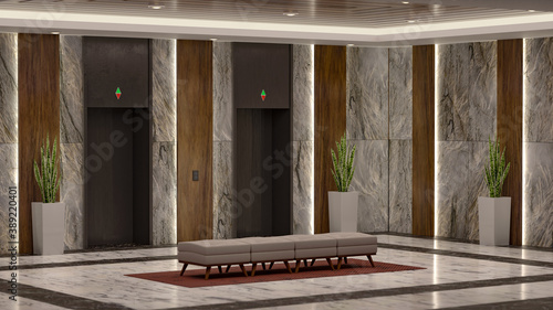 3D Waiting area at front elevators with luxury decoration lobby