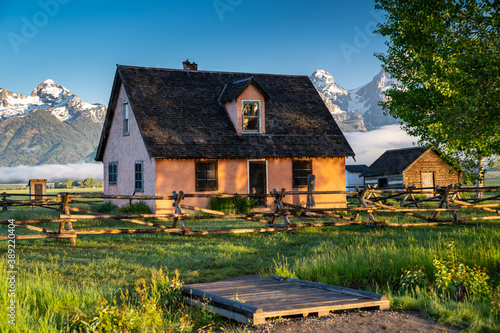 Rustic building, part of the historic Morman Row homestead in Antelope Flats, in Grand Teton National Park Wyoming, at sunrise