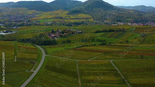 Aerial view of vineyards, houses around the village Burrweiler and Frankweiler in the Pfalz in Germany. On a sunny day in Autumn, fall. photo