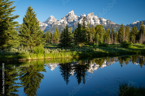 Schwabacher Landing in the early morning in Grand Teton National Park  with mountain reflections on the water creek