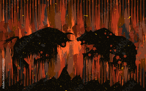 Bear vs Bull Office Decor Painting. Stock market concept bull and bear art illustration.