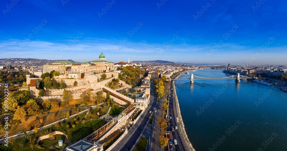Budapest, Hungary panorama photo of Budavára and chainbridge .
