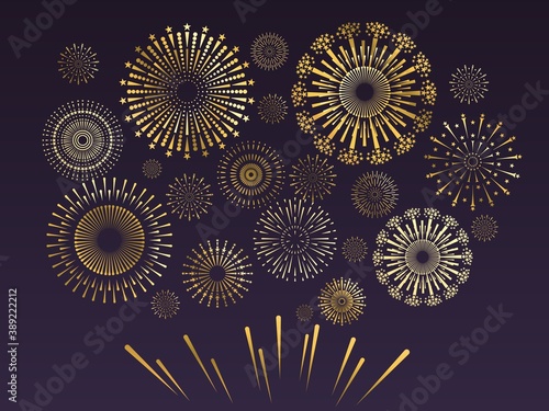 Gold firework. Anniversary festival with pyrotechnics flame and sparkle. Celebrative fire show in night sky. Group of contour rounds and ornamental lines on dark background. Vector golden firecracker
