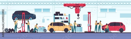 Car service. Vehicle diagnostics and mechanic workshop, auto repair scenes with workers and equipment. Replace transport spares parts, tuning and oil change. Vector cartoon automobile center concept