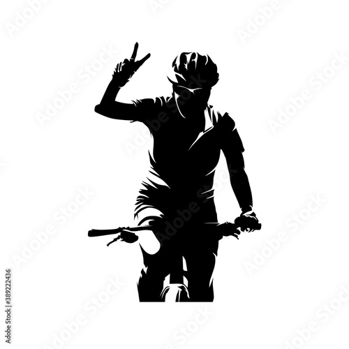 Mountain biker waving, victory. Woman riding bike. Cycling, isolated vector silhouette
