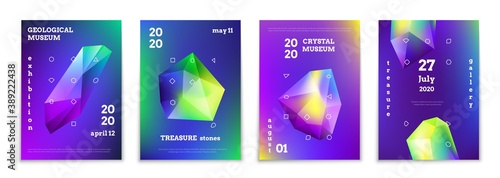 Crystals abstract posters. Realistic 3D gradient gems, holographic geometric mineral. Geological museum exhibition or treasure stones gallery template. Exposition event advertising banner, vector set