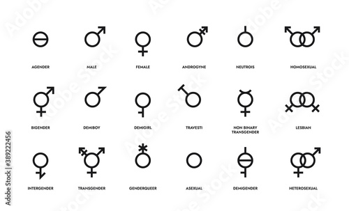 Gender line icons. Sexual orientation sign. LGBT symbols of hetero and homo couples, female, male or unisex, asexual people. Contour sex identity emblems. Vector discrimination or tolerance mark set