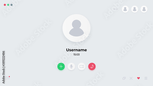 Video call UI. Laptop online conference screen template with dial and interface buttons to accept or cancel connection. Computer communication technology, message application, vector display mockup