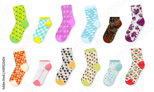 Socks mockup. Realistic colored templates of foot wear, long and short cotton socks product design collection, clothes with bright fashion ornaments and prints, vector 3d isolated accessories set