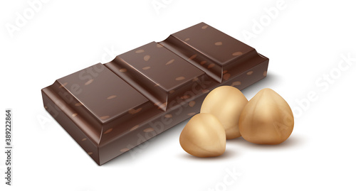 Chocolate with nuts. Realistic piece of cocoa dessert and shelled hazelnuts. Sweet snack, natural ingredients. Food product advertising template, confectionery logo mockup. Vector nutty candy