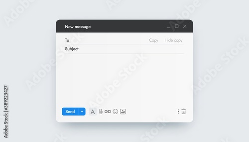 Email template. Online messenger interface mockup window, sending letter over internet, postal application. UI screen with headline, address and buttons. Empty form for text, vector digital connection