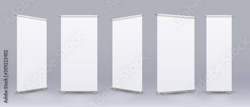 Blank roll banner. Realistic rollup stand mockup, empty billboard with place for text and logo, collection of information display and store advertising template. Vector vertical isolated placard set photo
