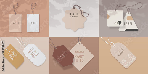Paper tags. Realistic price labels with overlay shadow effect for shop goods, luggage and gifts. Collection of round and square cards, sale or discount sticker, vector promotion badge isolated set photo