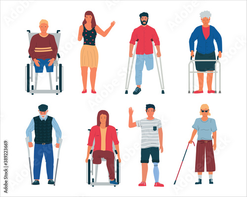 Disable people. Cartoon handicapped persons in wheelchair, with crutches, plaster and cane. Men and women with limb injuries, blind or elderly. Vector disabilities and limited mobility isolated set