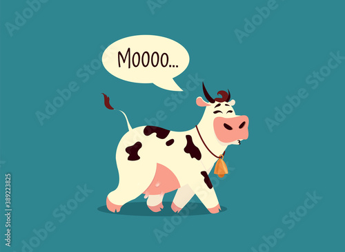 Cartoon cow. Cute farm animal gives milk, fanny mascot for dairy products advertising, domestic life emblem or food logo template. Smile mammal with speech bubble. Vector livestock flat illustration