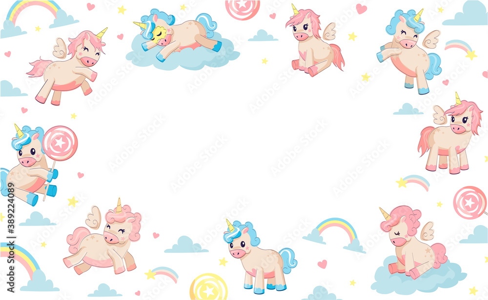 Unicorn background. Cute kids poster with funny fairy tale characters, kawaii fantasy horses on rainbow and clouds with candies and stars decoration. Vector cartoon children birthday greeting card Unicorn background. Cute kids poster with funny fairy tale characters, kawaii fantasy horses on rainbow and clouds with candies and stars decoration. Vector cartoon children birthday greeting card