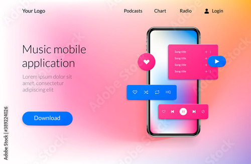 Mobile landing page. UI software web site design, music application layout mockup. Interface with download, play and like buttons, realistic smartphone. Vector musical player and compilation of songs