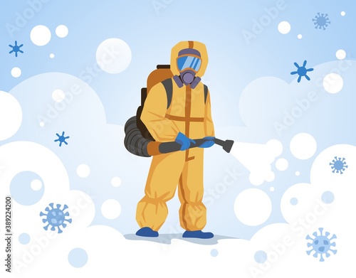 Decontamination. Medical worker in protective suit sprays disinfectant. Doctor wearing special overall, respirator and goggles with sanitize equipment. Vector virus biohazard clothes illustration