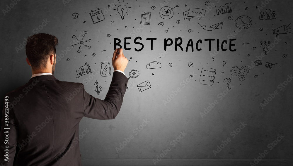 businessman drawing a creative idea sketch with BEST PRACTICE inscription, business strategy concept businessman drawing a creative idea sketch with BEST PRACTICE inscription, business strategy concept