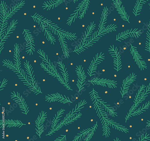 Christmas seamless pattern with spruce twigs and gold dots. Vector background.