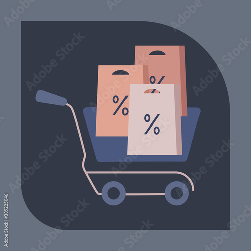 Vector icon of the Full Shopping cart with discount  products.  Pictogram.  Concept of mobile ordering