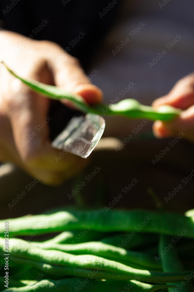 Fresh organic green beans. Peeling green beans Fresh organic green beans. Peeling green beans