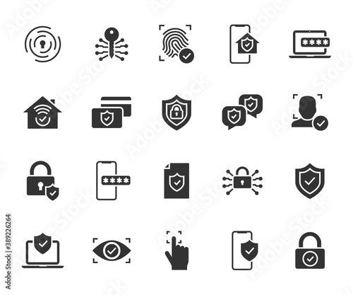 Vector set of security flat icons. Contains icons digital lock, cyber security, password, smart home, computer security, electronic key, fingerprint and more. Pixel perfect.